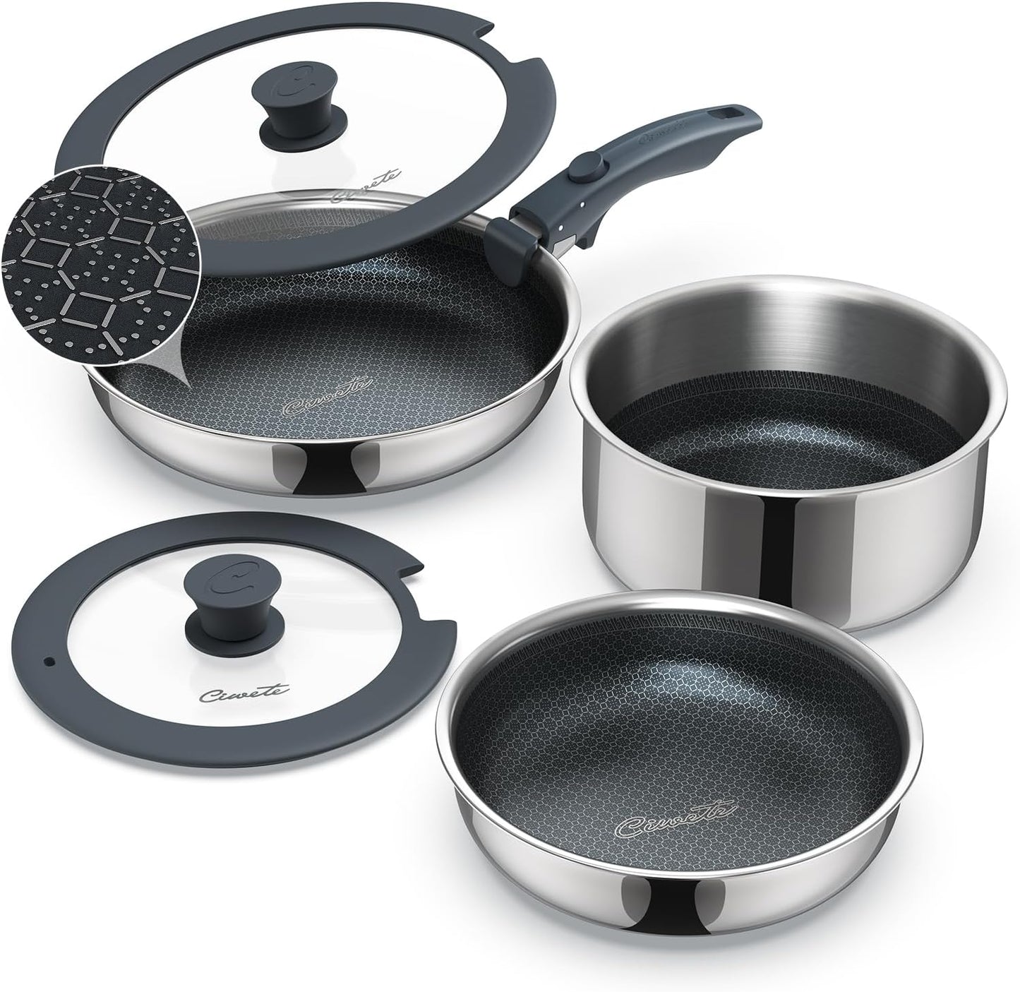 Set 6 Ollas Sartenes Acero Inox Antiadherente Tapa