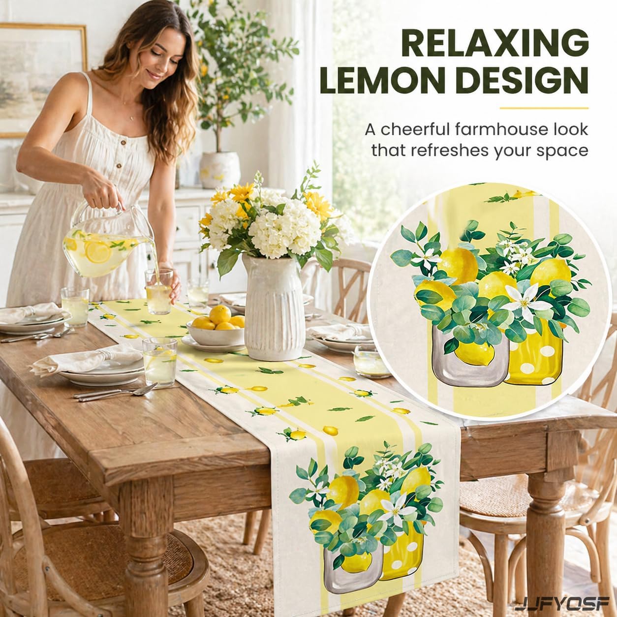 Mesa Camino Verano Tarro Mason Limón Amarillo Hojas Verdes