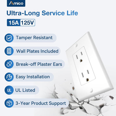 Pack 10 tomacorrientes pared UL 15A 125V blanco resistente