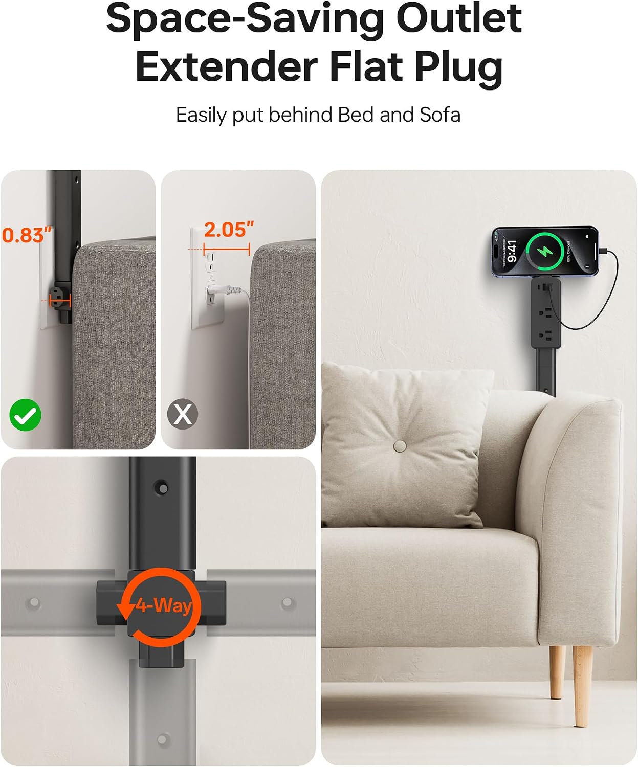 Extensor tomacorrientes 2 salidas CA 2 USB-A 1 USB-C 8-36pulg