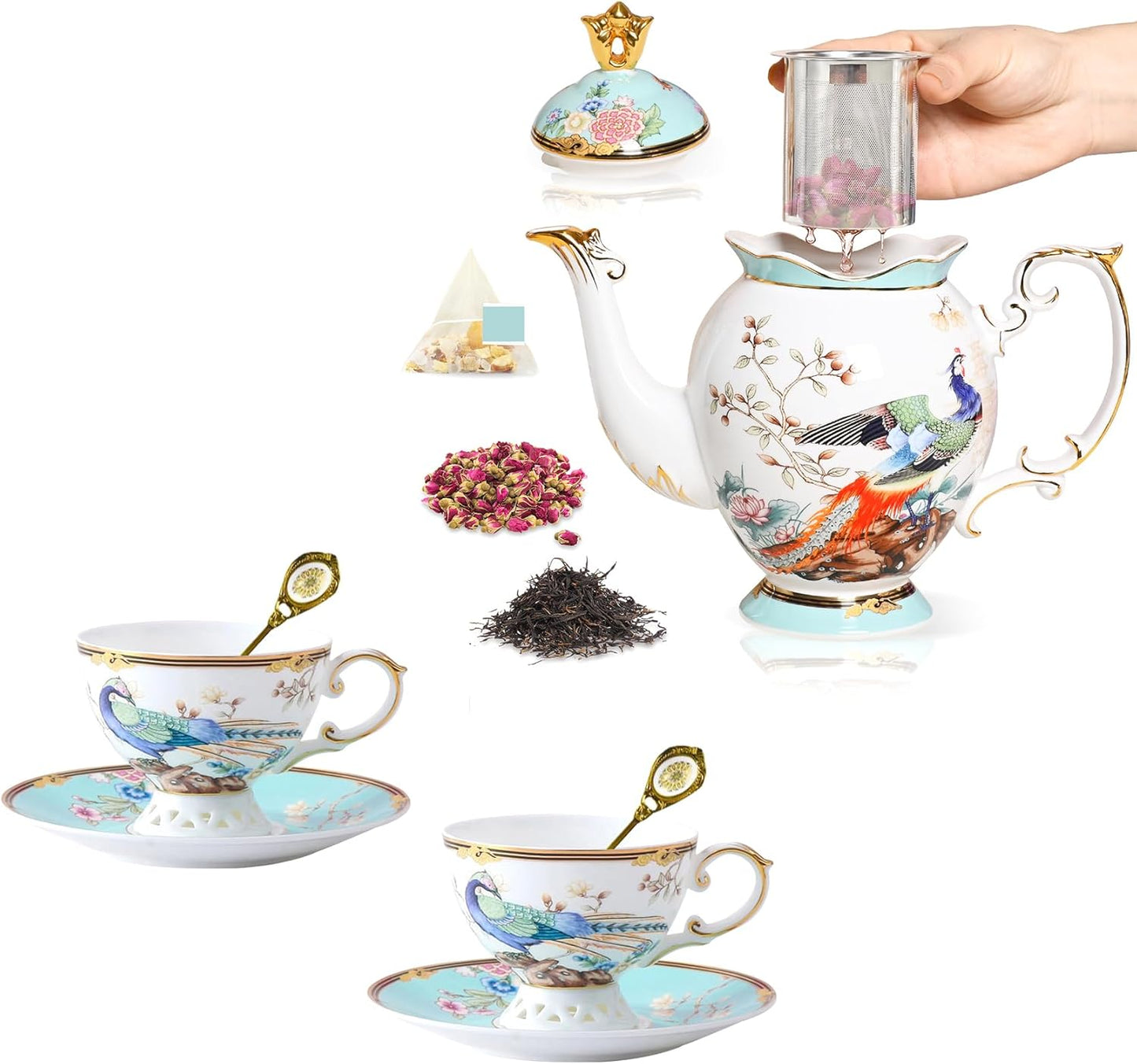 Tetera y taza de porcelana con filtro removible para 2
