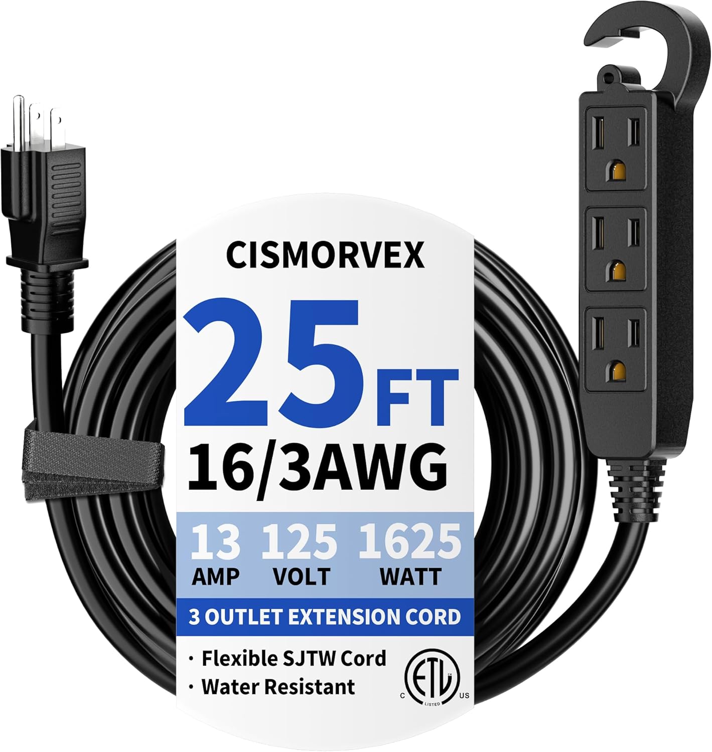Cable extensión exterior 25ft 3 tomas impermeable