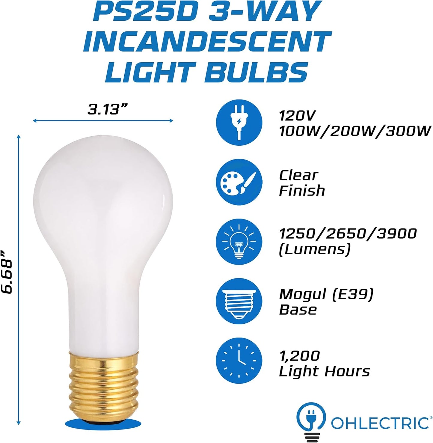 Bombilla incandescente 3 vías 100/200/300W base Mogul E39