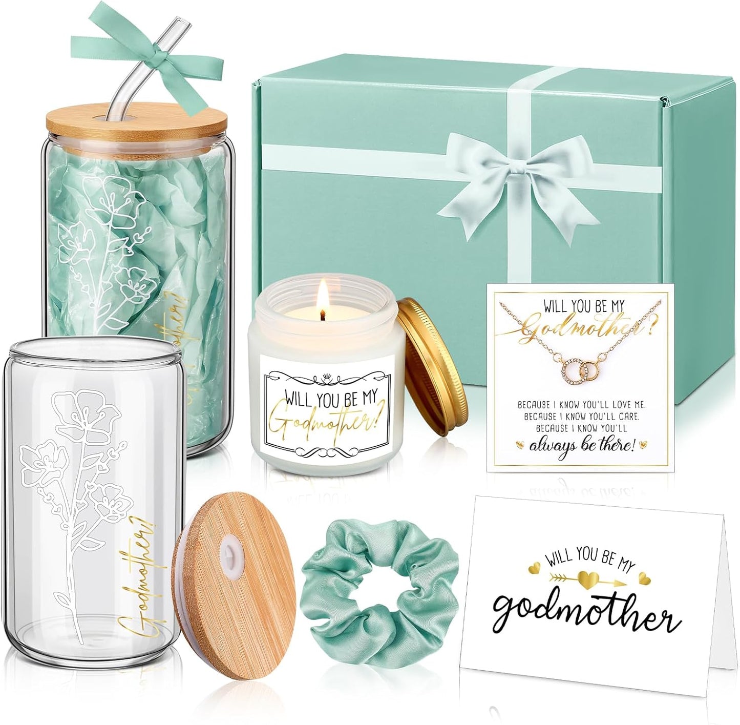 Juego de 6 piezas regalo madrina caja Will You Be My Godmother taza vidrio collar vela bautizo
