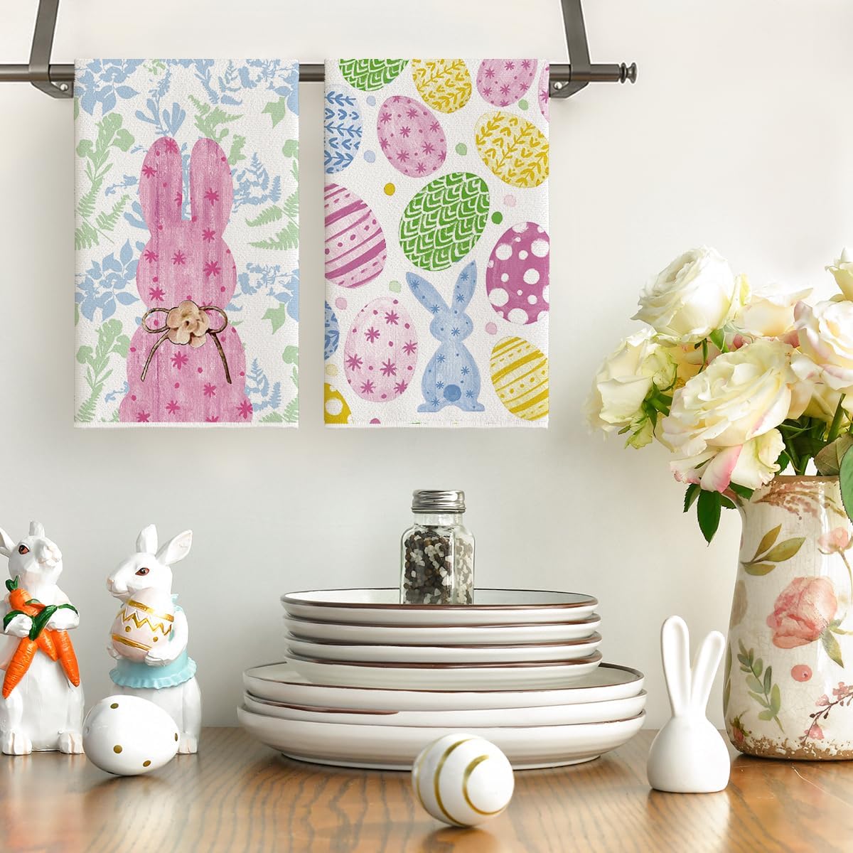 Juego de 2 toallas de cocina con diseño de huevos de conejo y flores de Pascua