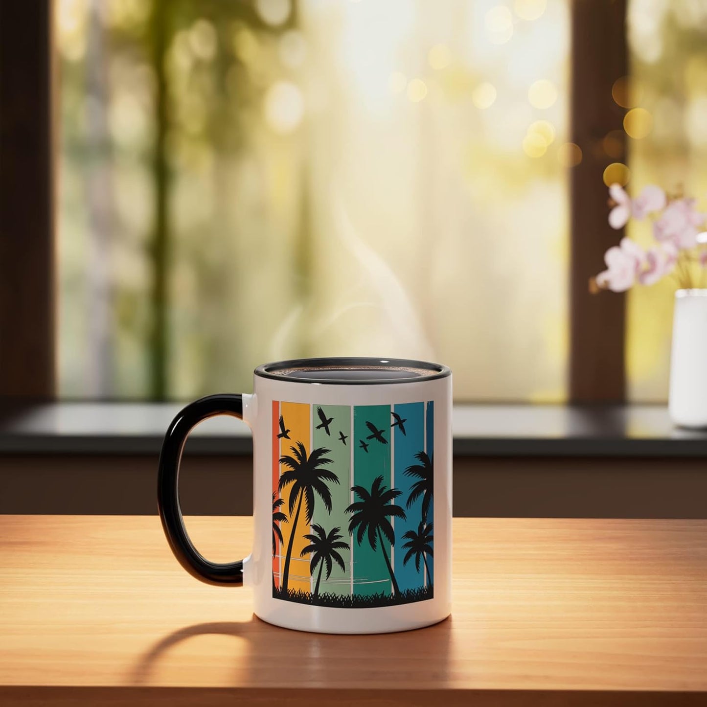 Taza cerámica retro con palma y atardecer negro/blanco