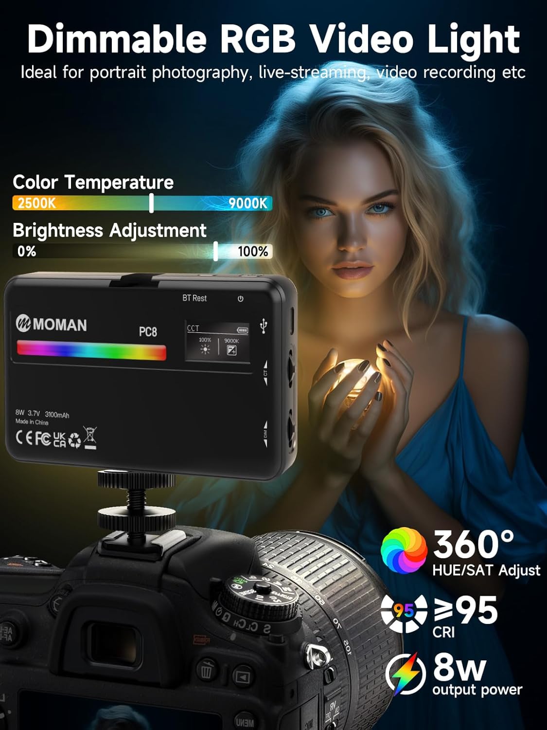 Luz LED RGB para cámara con control inalámbrico y batería larga