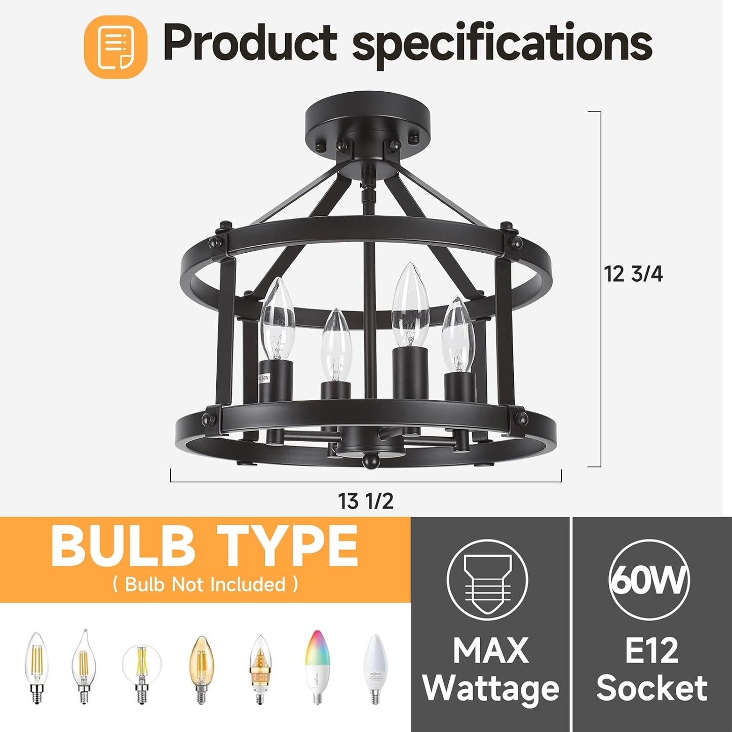 Lámpara techo semiempotrada negra 13.5pulg 4 luces rústicas
