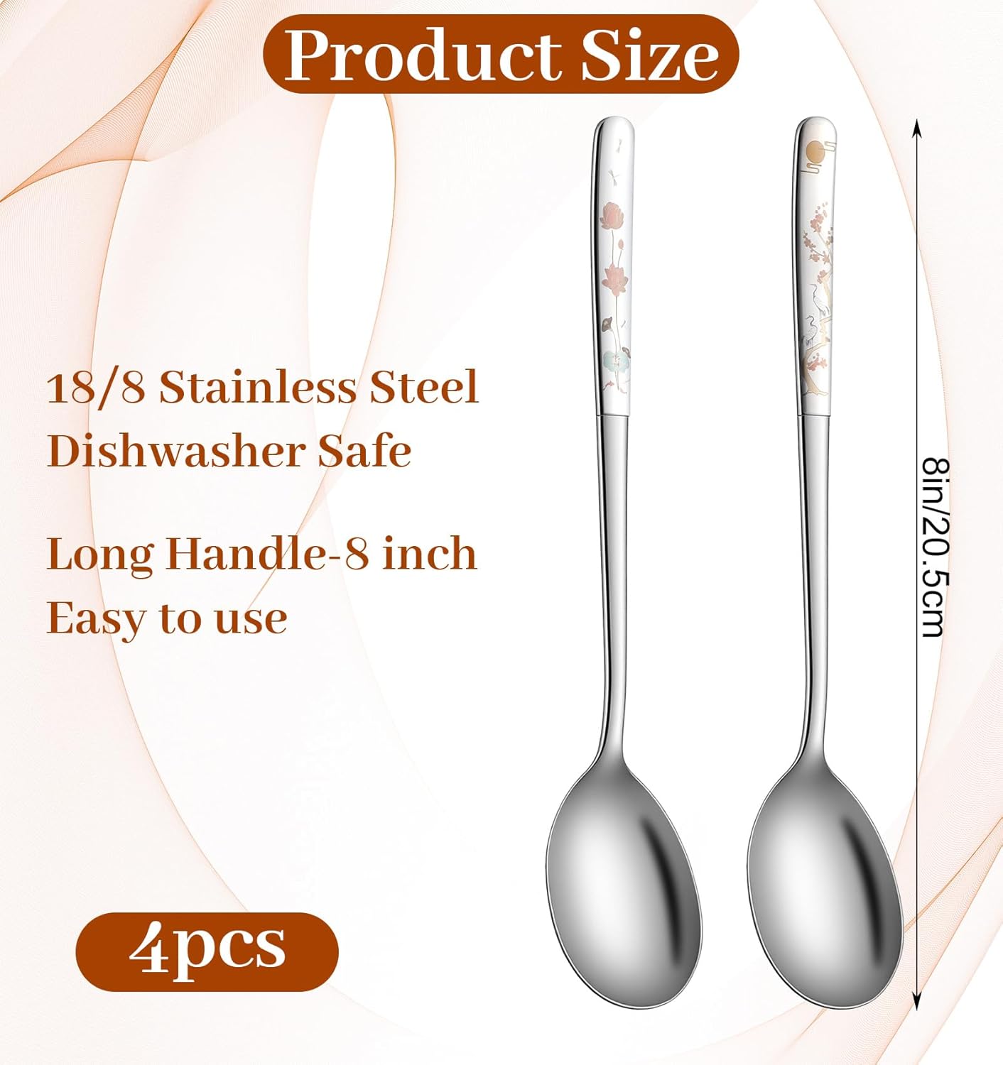 4 Cucharas Acero Inox 8pulg Mango Largo Diseño Flores