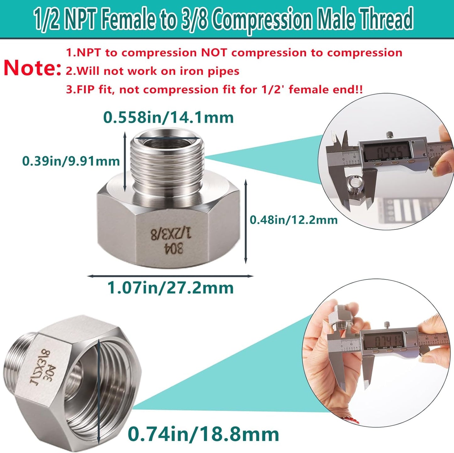 Reductor acero inox 1/2 hembra a 3/8 macho para grifo cocina