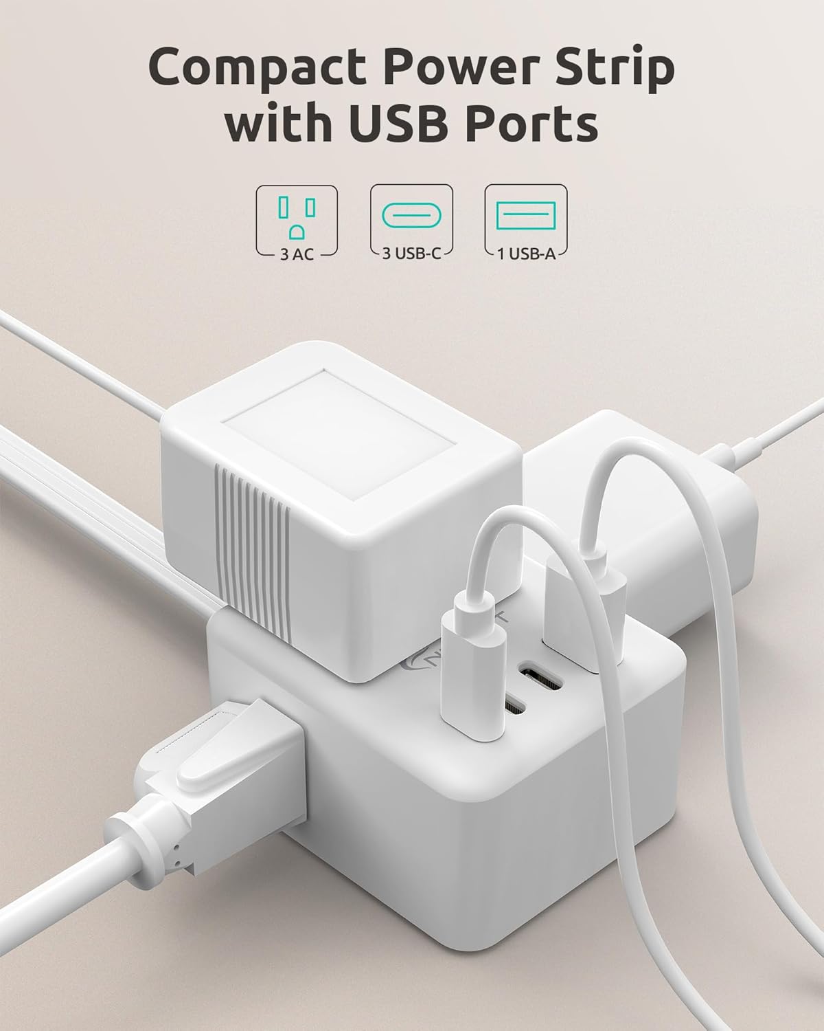 Cable extensión 3 pies con cubierta tomacorriente y 3 puertos USB-C