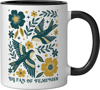 Taza cerámica floral feminista en negro/blanco