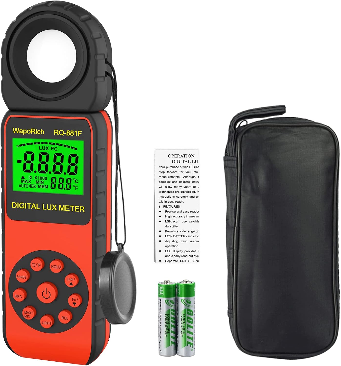 Medidor luz RQ-881F pantalla 3999Lux sensor 270º naranja