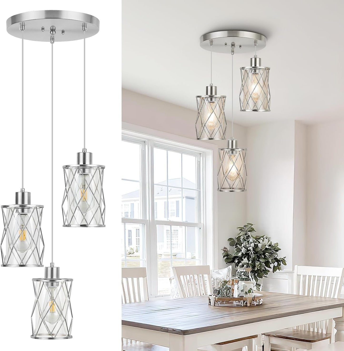 Lámpara colgante 3 luces níquel cepillado cristal transparente