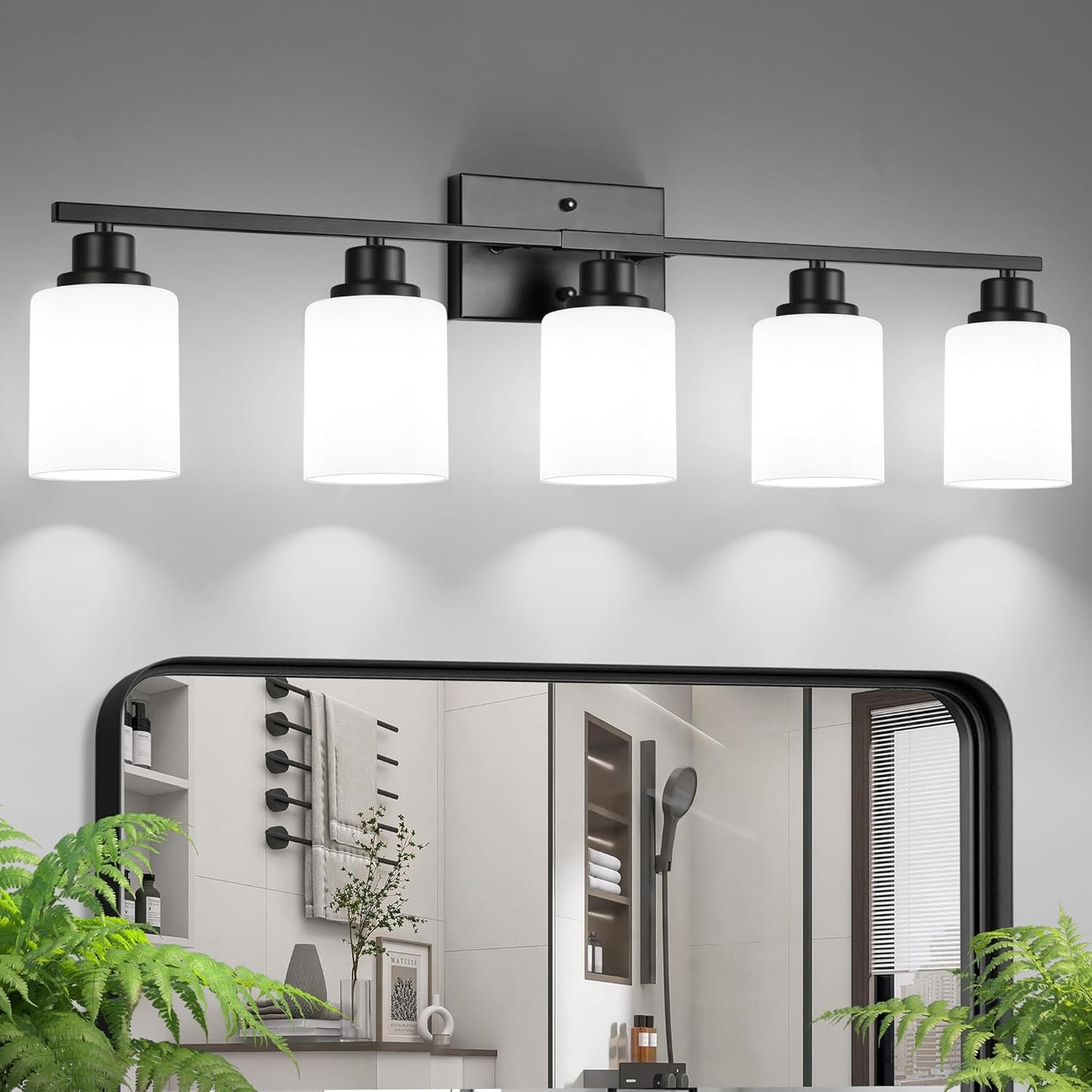 Lámpara baño 5 luces aplique negro mate vidrio esmerilado