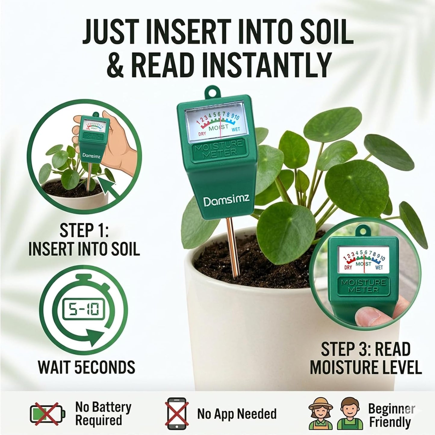 Medidor humedad suelo plantas sin batería jardinería