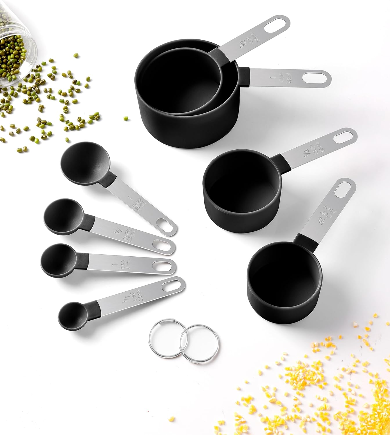 Set 8 Tazas y Cucharas Medidoras Acero Inox Negro