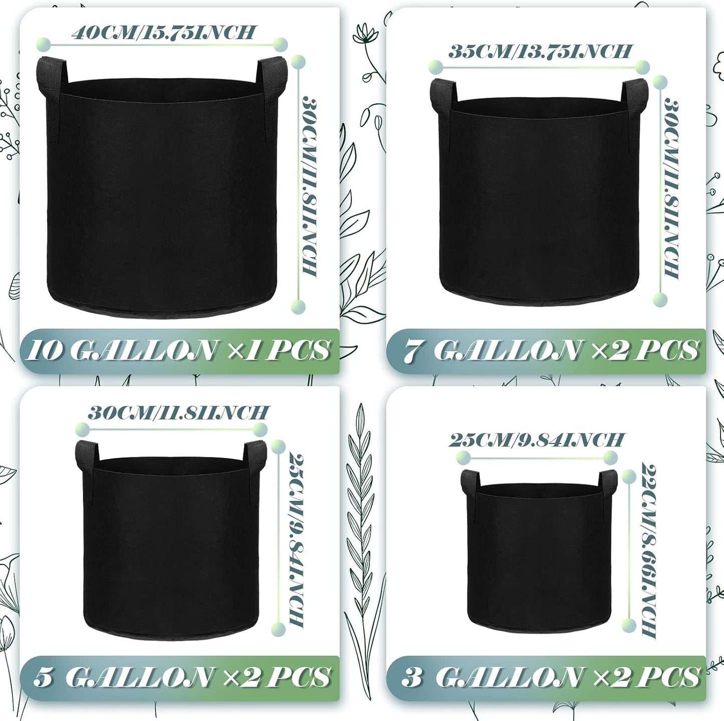 7 Pzas Bolsas Cultivo Plantas 10-3 Galones con Asas
