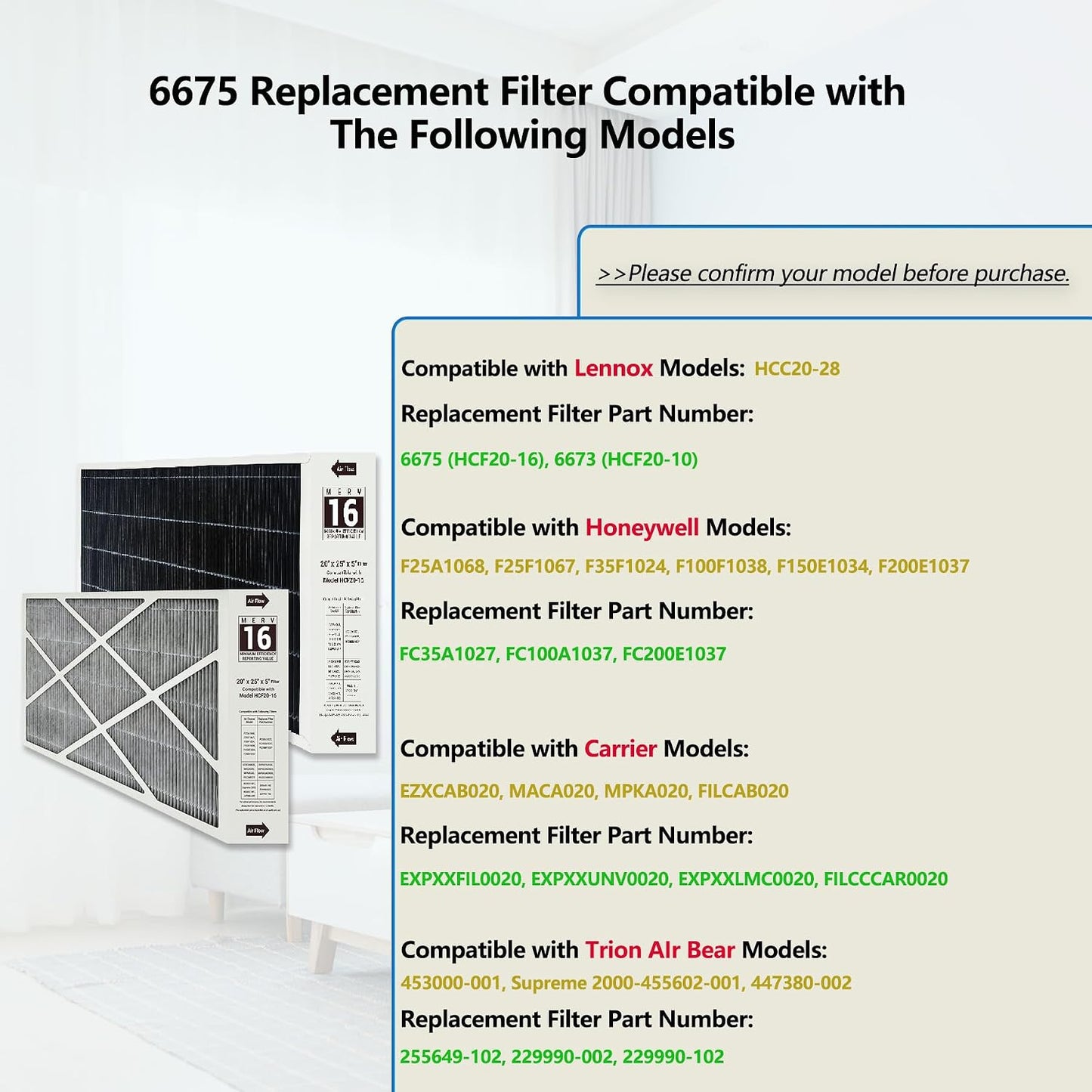 Filtro aire MERV 16 20x25x5 pulg comp Lennox X6675