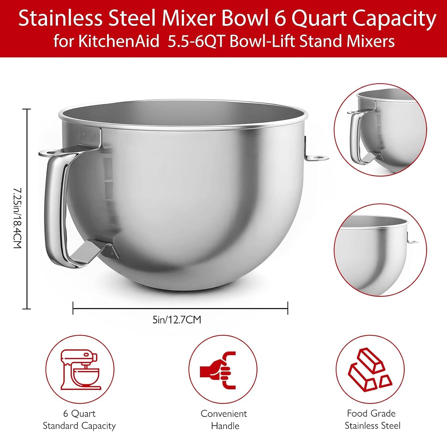 Tazón acero inox comp KitchenAid 5.5-6qt lavavajillas ergonómico