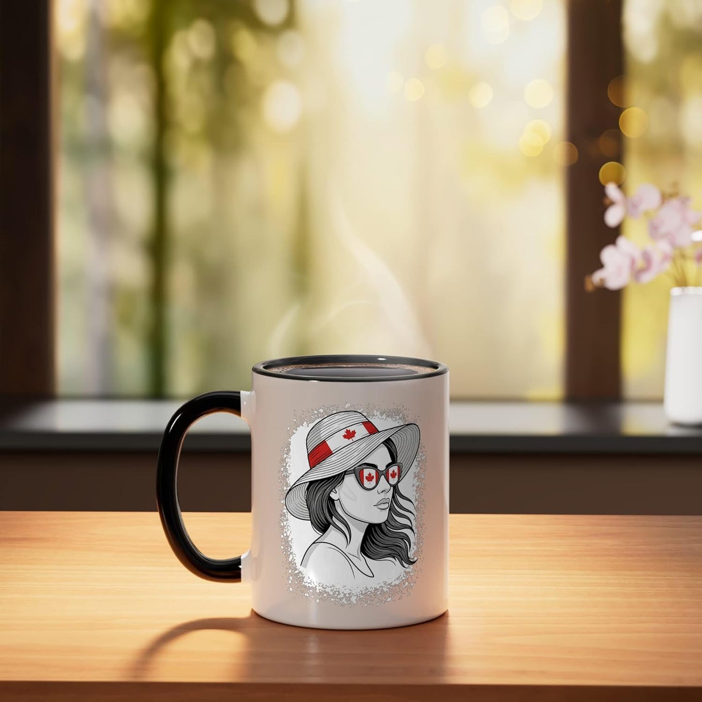 Taza cerámica bandera maple leaf mujer canadiense negro/blanco