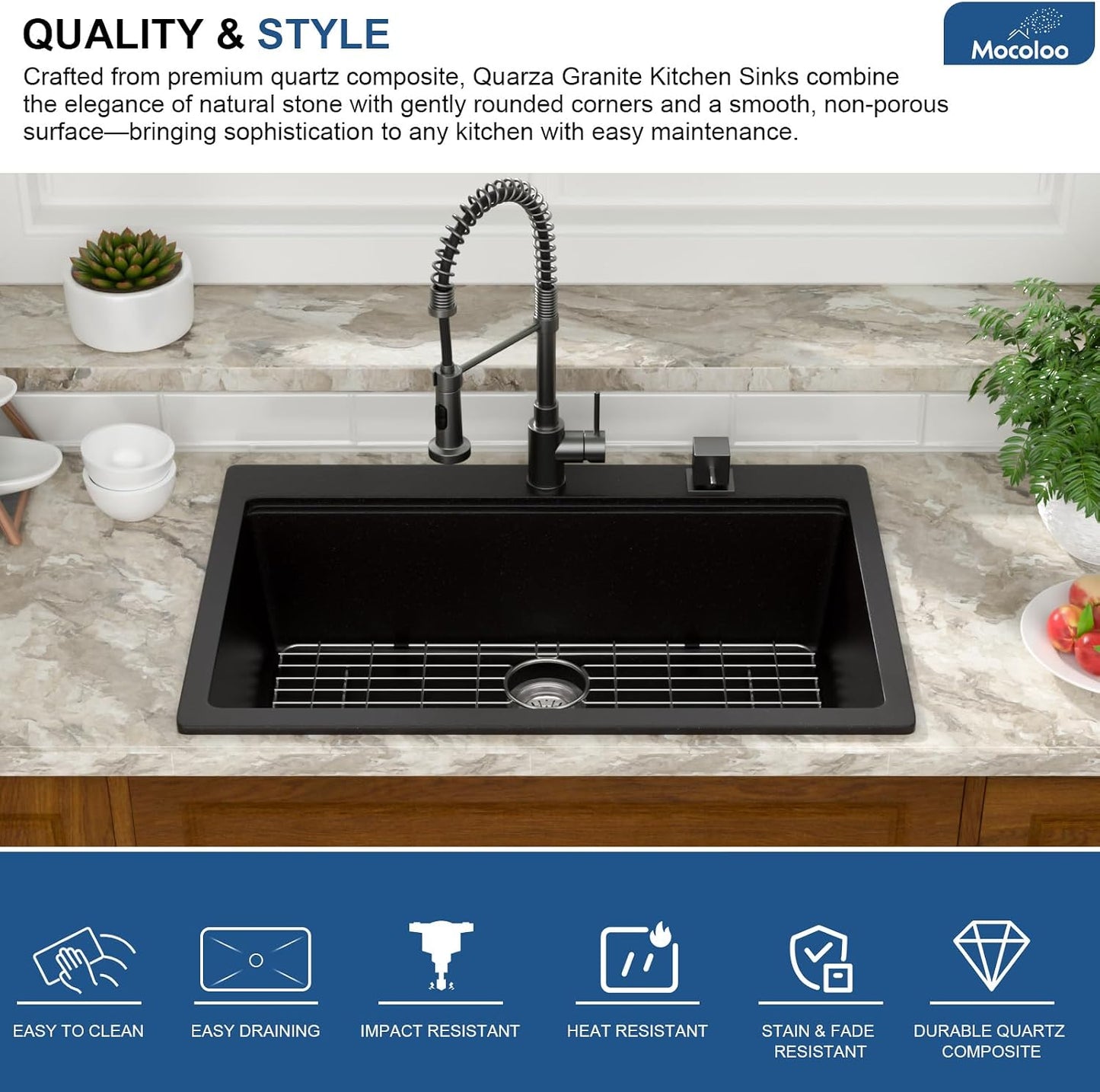Fregadero cocina 33x22pulg granito cuarzo negro