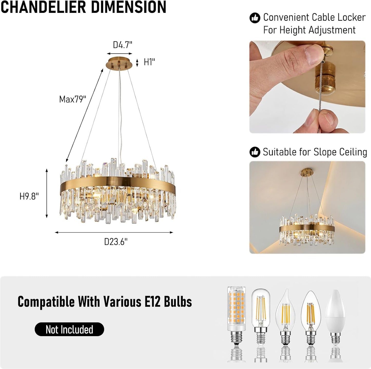 Candelabro cristal 23.6pulg 12 luces latón dorado sala