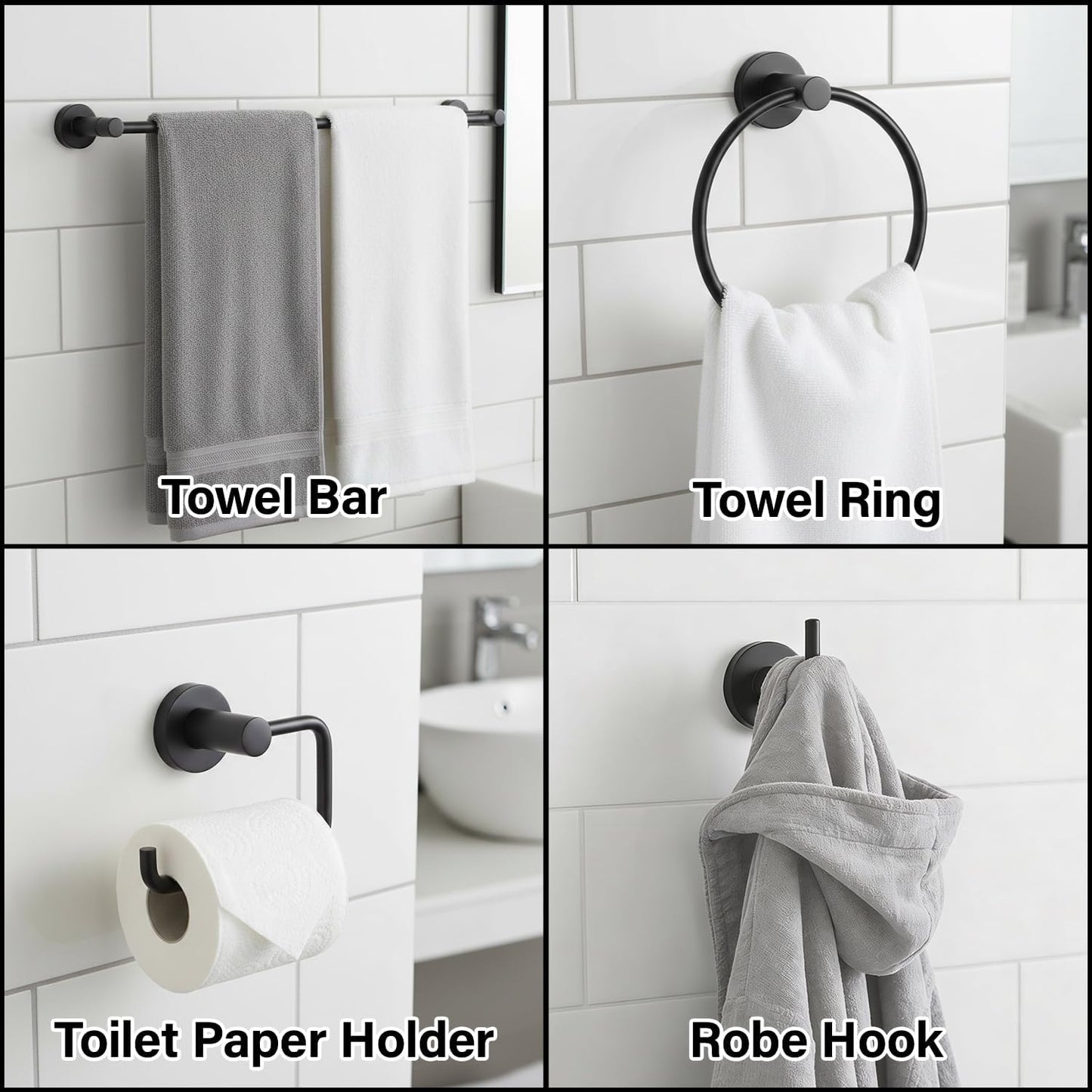 Set 4 Pzas Accesorios Baño Negro Mate Toallero 24pulg