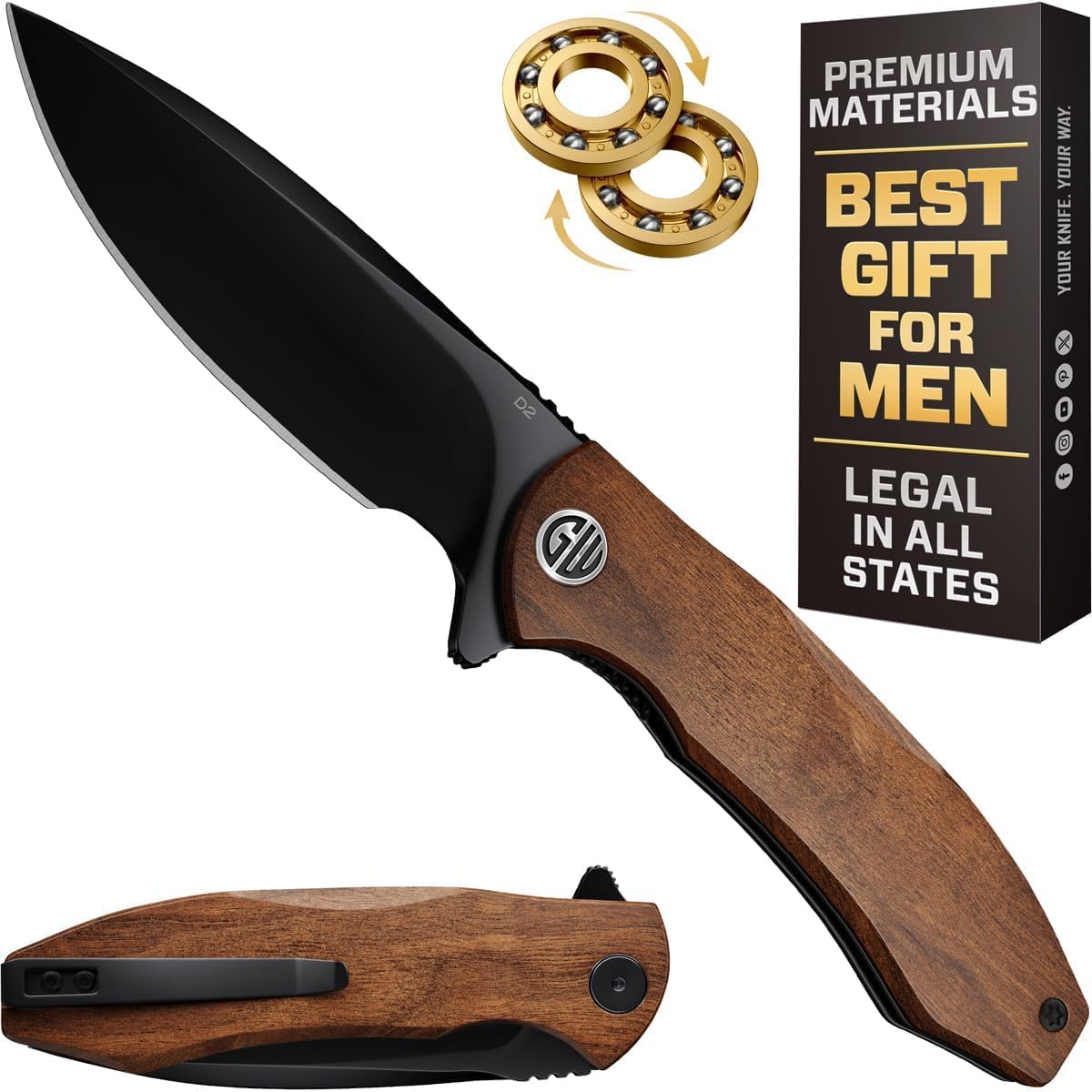 Cuchillo EDC plegable acero D2 mango madera clip transporte