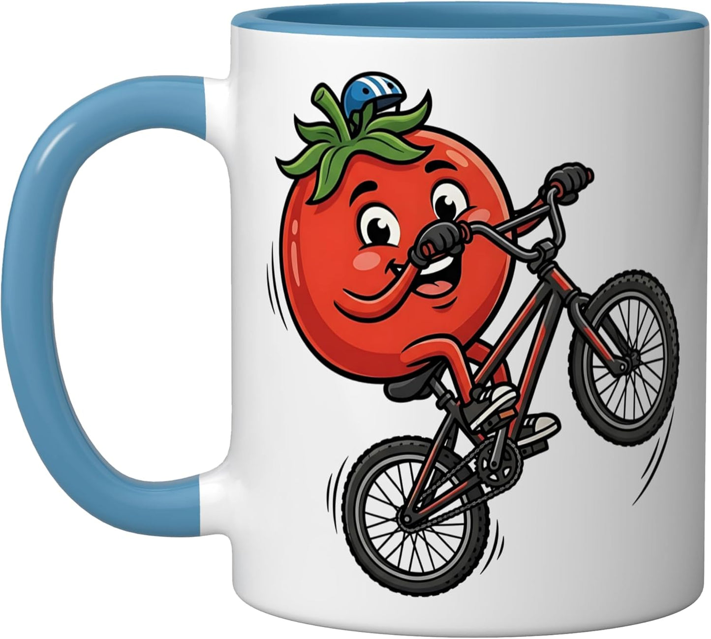 Taza cerámica de tomate en bicicleta divertida azul/blanco