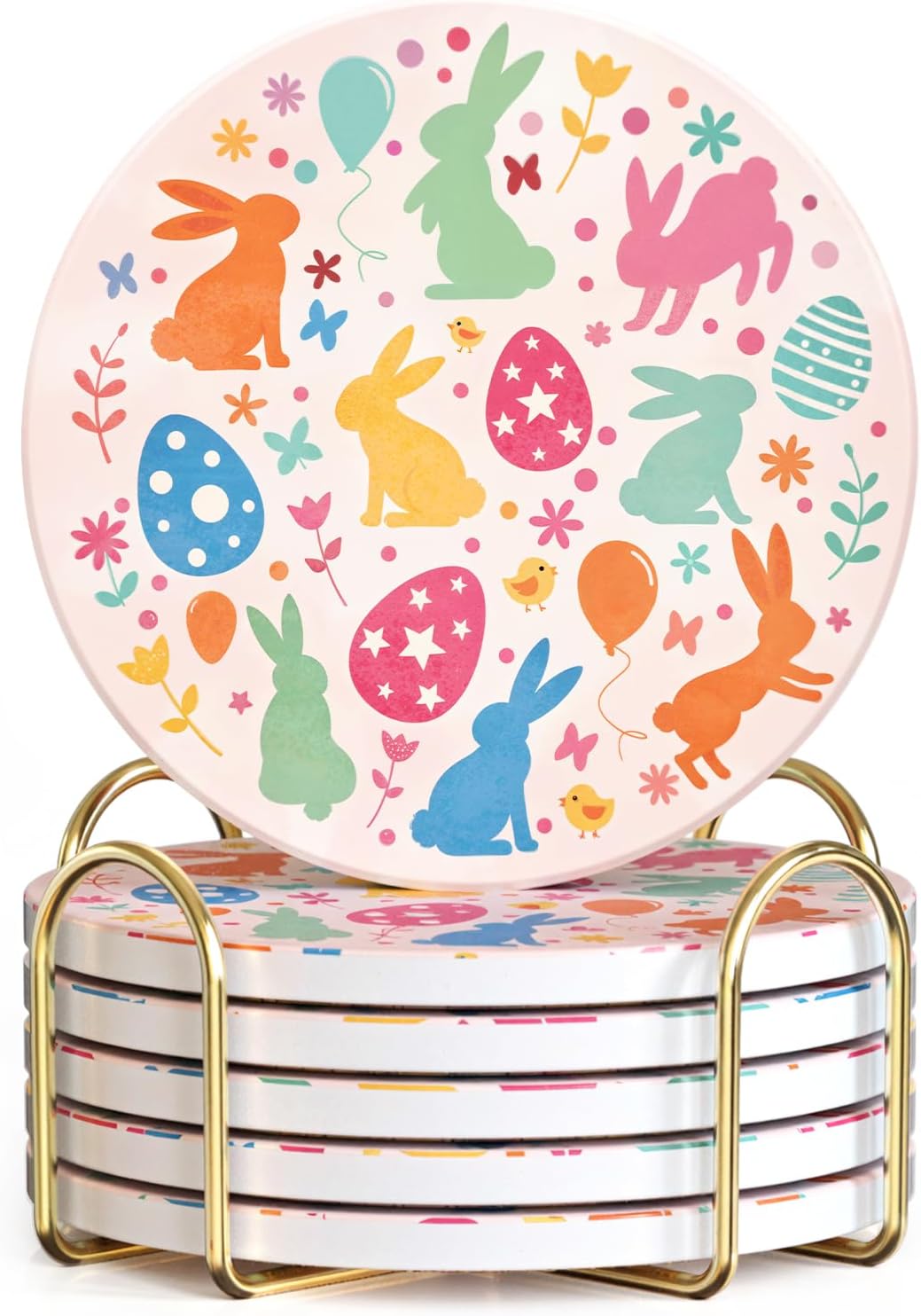 Posavasos de conejo de Pascua con soporte metálico y base de corcho