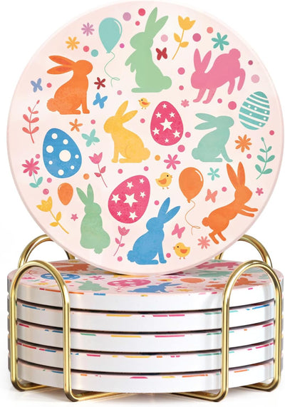 Posavasos de conejo de Pascua con soporte metálico y base de corcho
