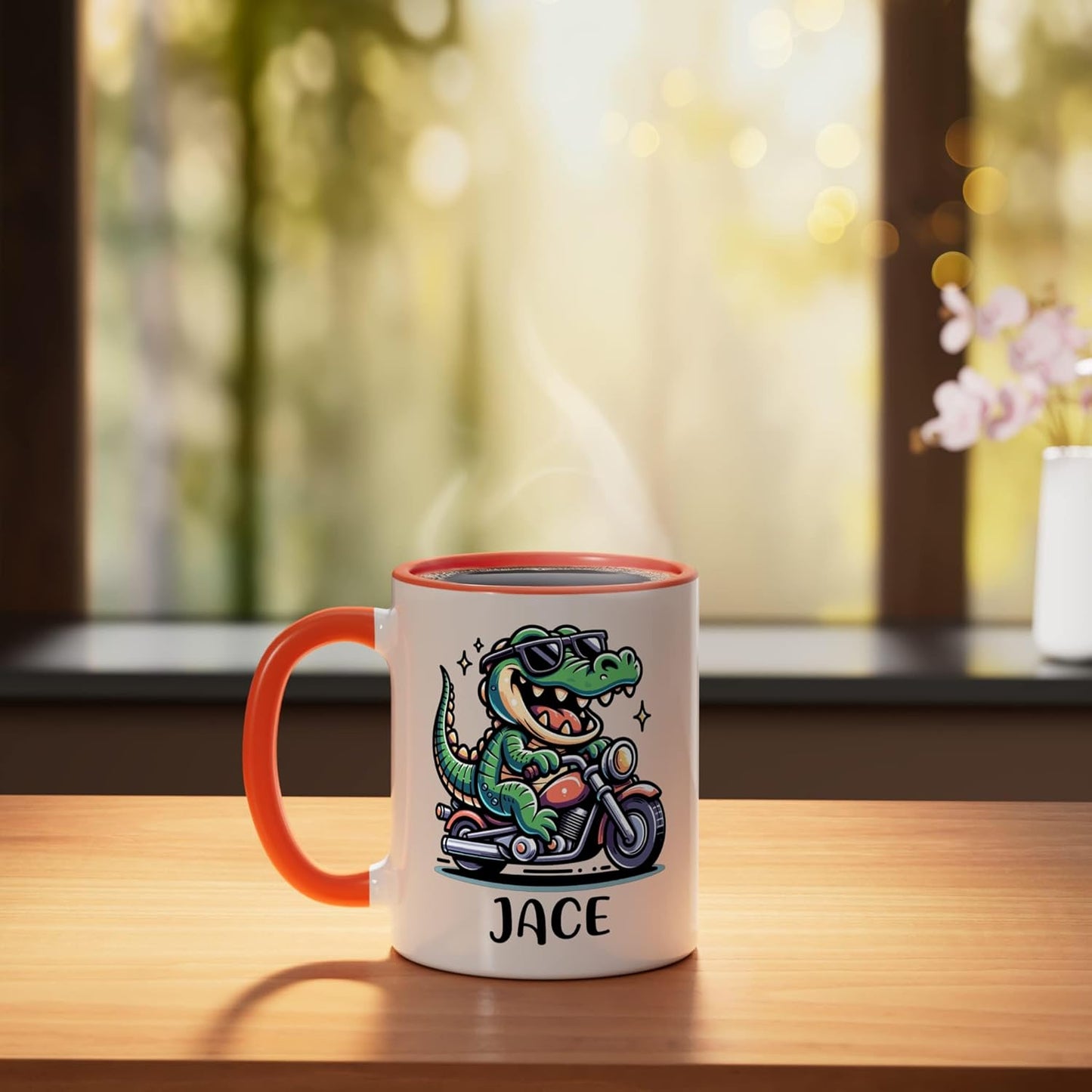 Taza cerámica para niño Jace con diseño de cocodrilo motocicleta color naranja/blanco
