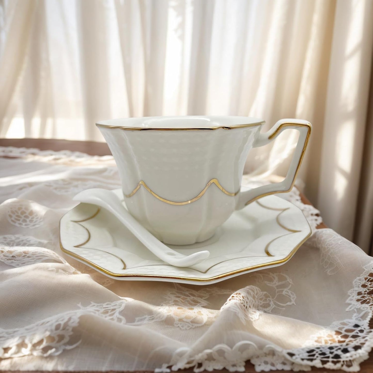 Juego de taza de té y platillo con cuchara, apto para lavavajillas