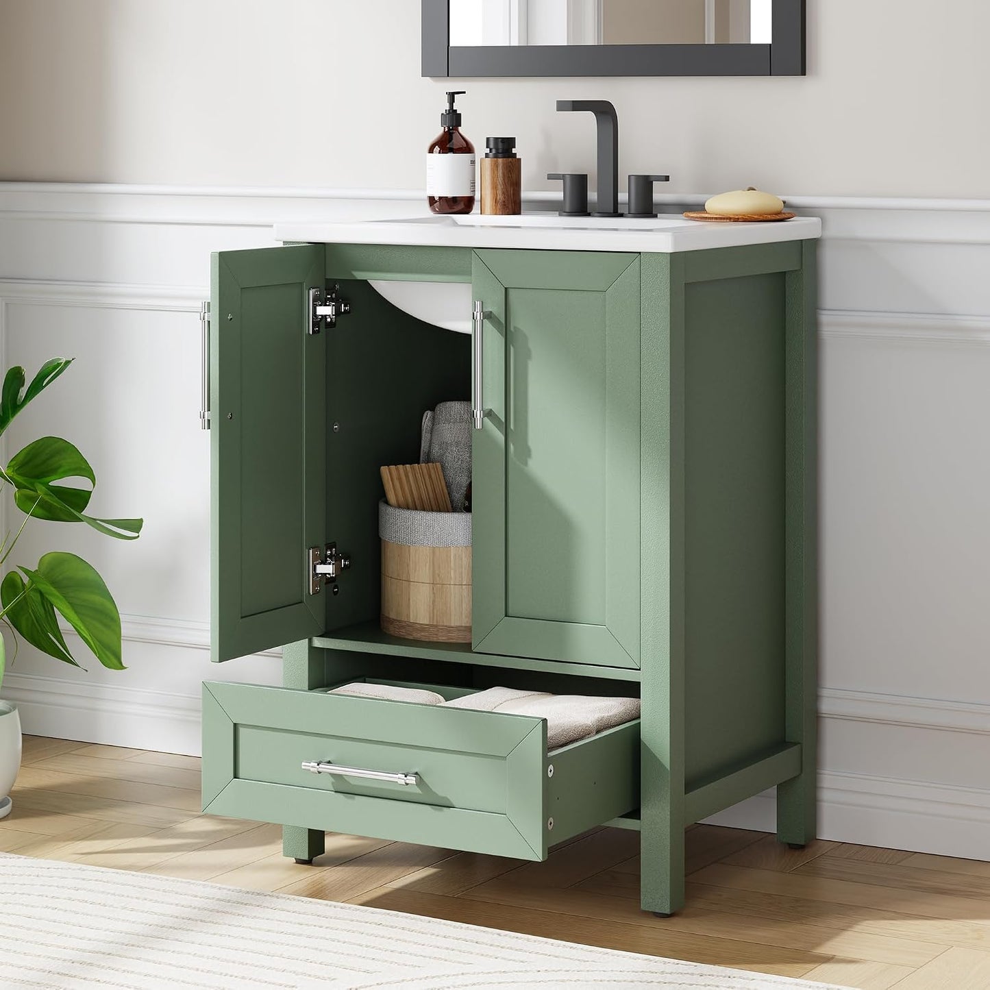 Mueble baño 24pulg fregadero madera puerta suave color verde
