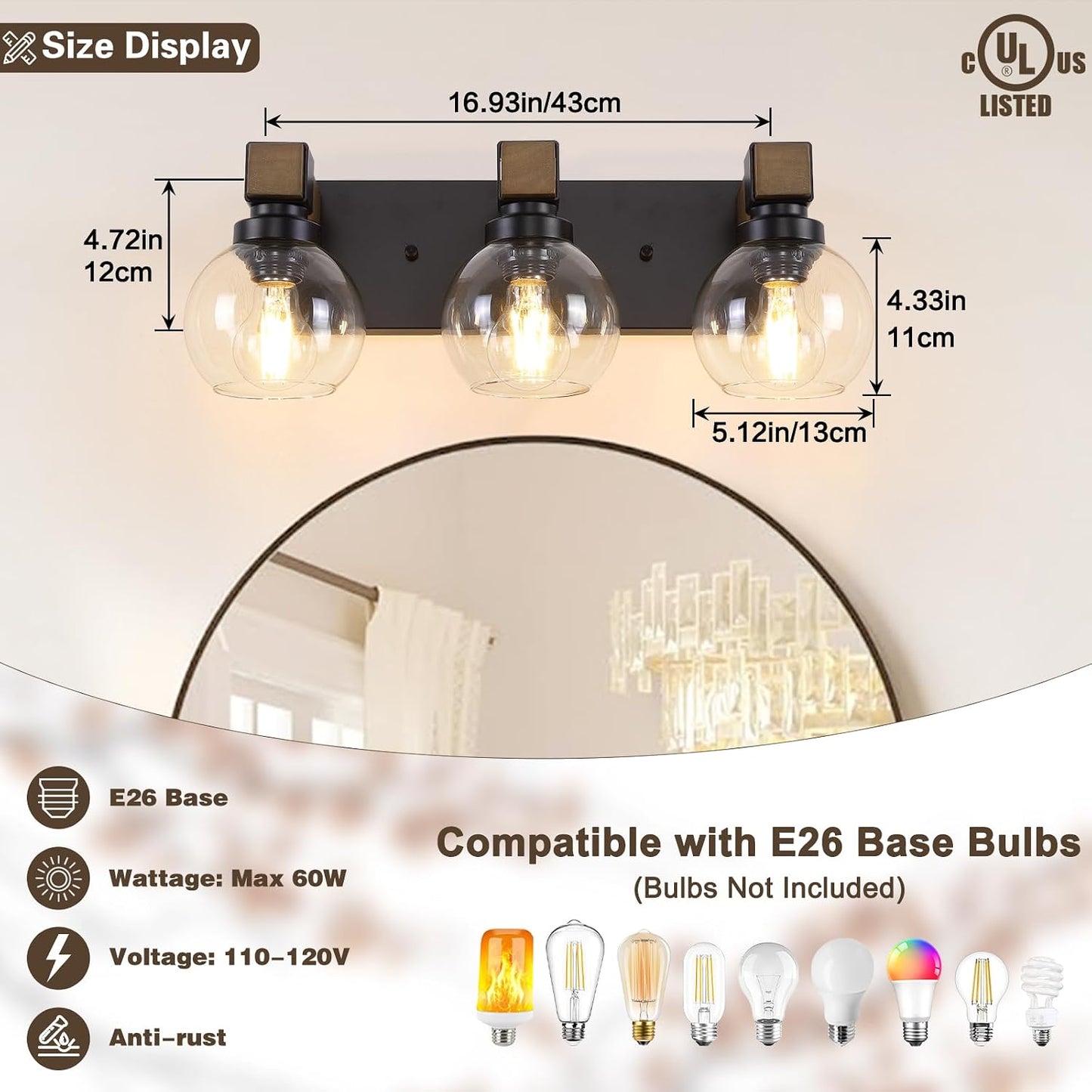 Lámpara baño rústica madera 3 luces cristal negro mate