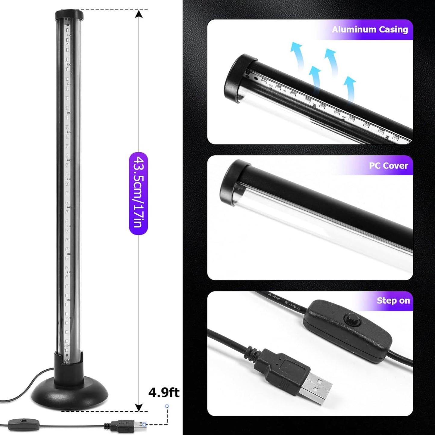 Luz LED negra escritorio 15W soporte 385-400nm interruptor