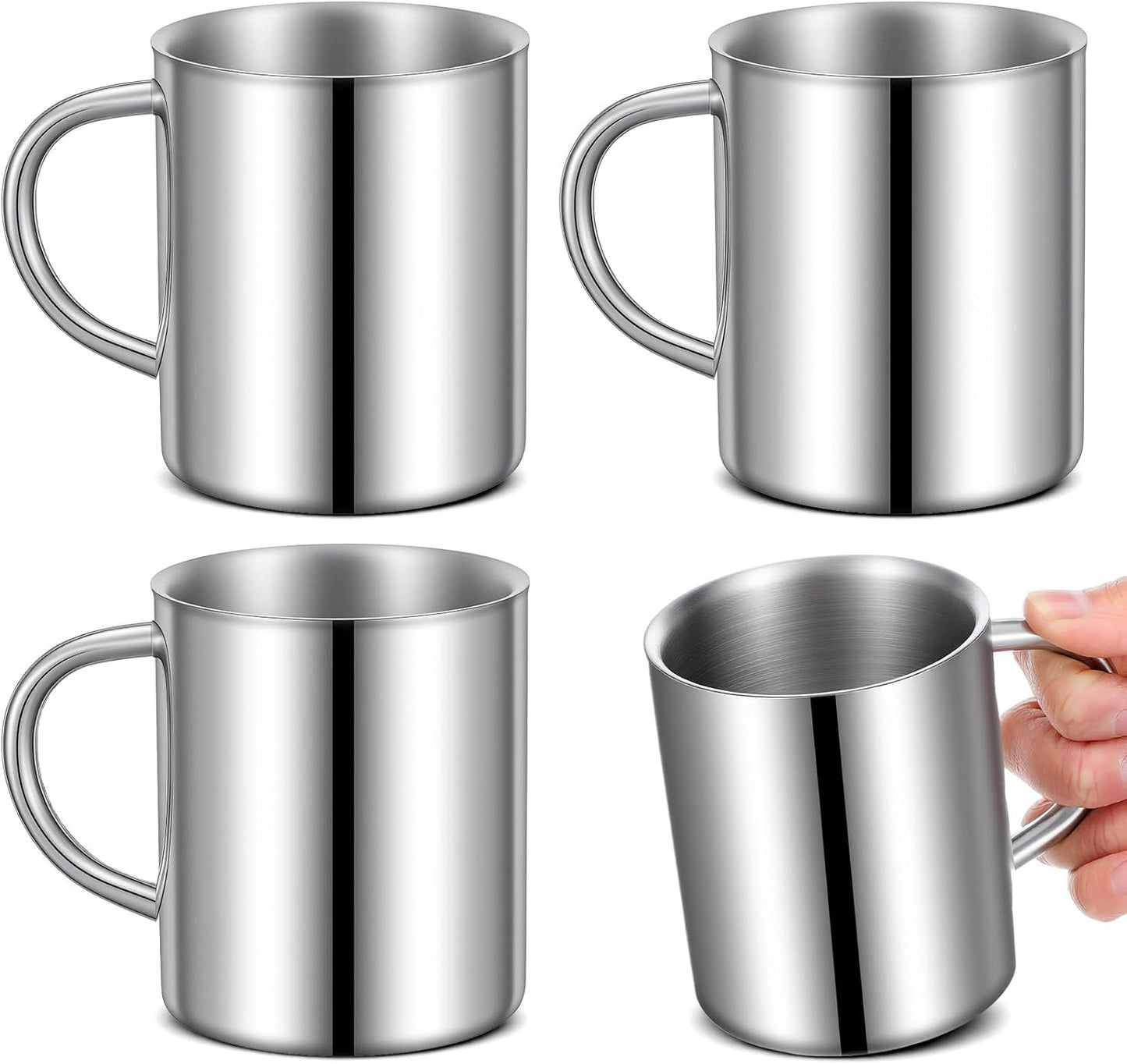 Juego de 4 tazas de café pequeñas de acero inoxidable doble pared con asa