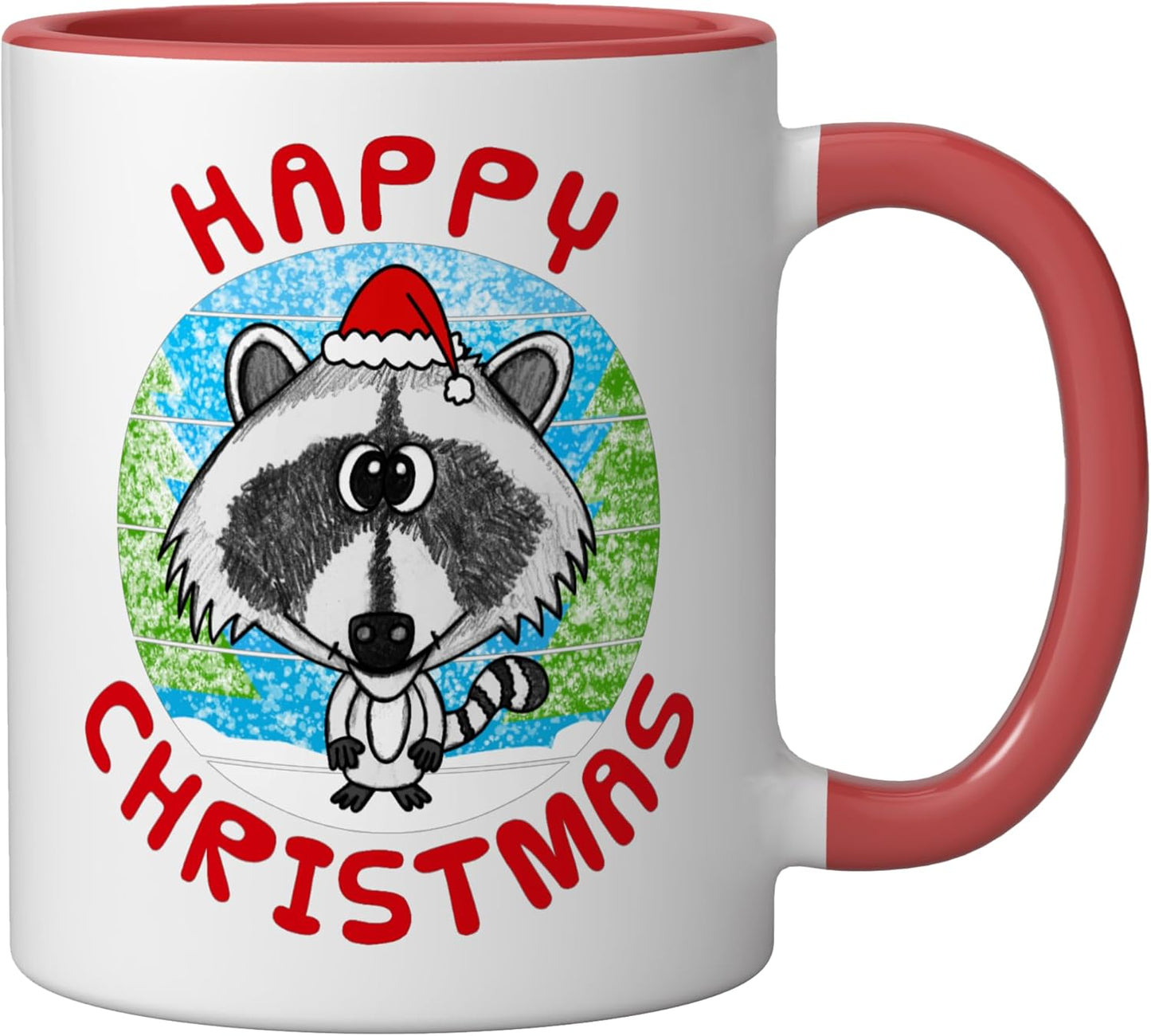 Taza navideña de cerámica Raccoon roja y blanca