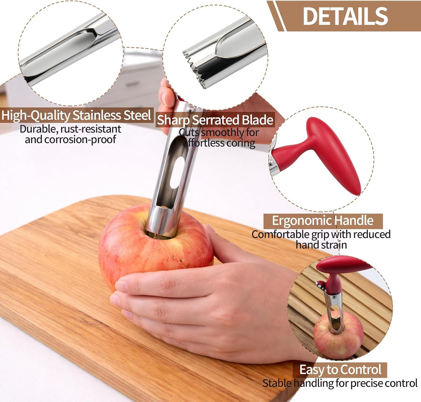 Herramienta descorazonadora manzana acero inox 304 mango ergonómico