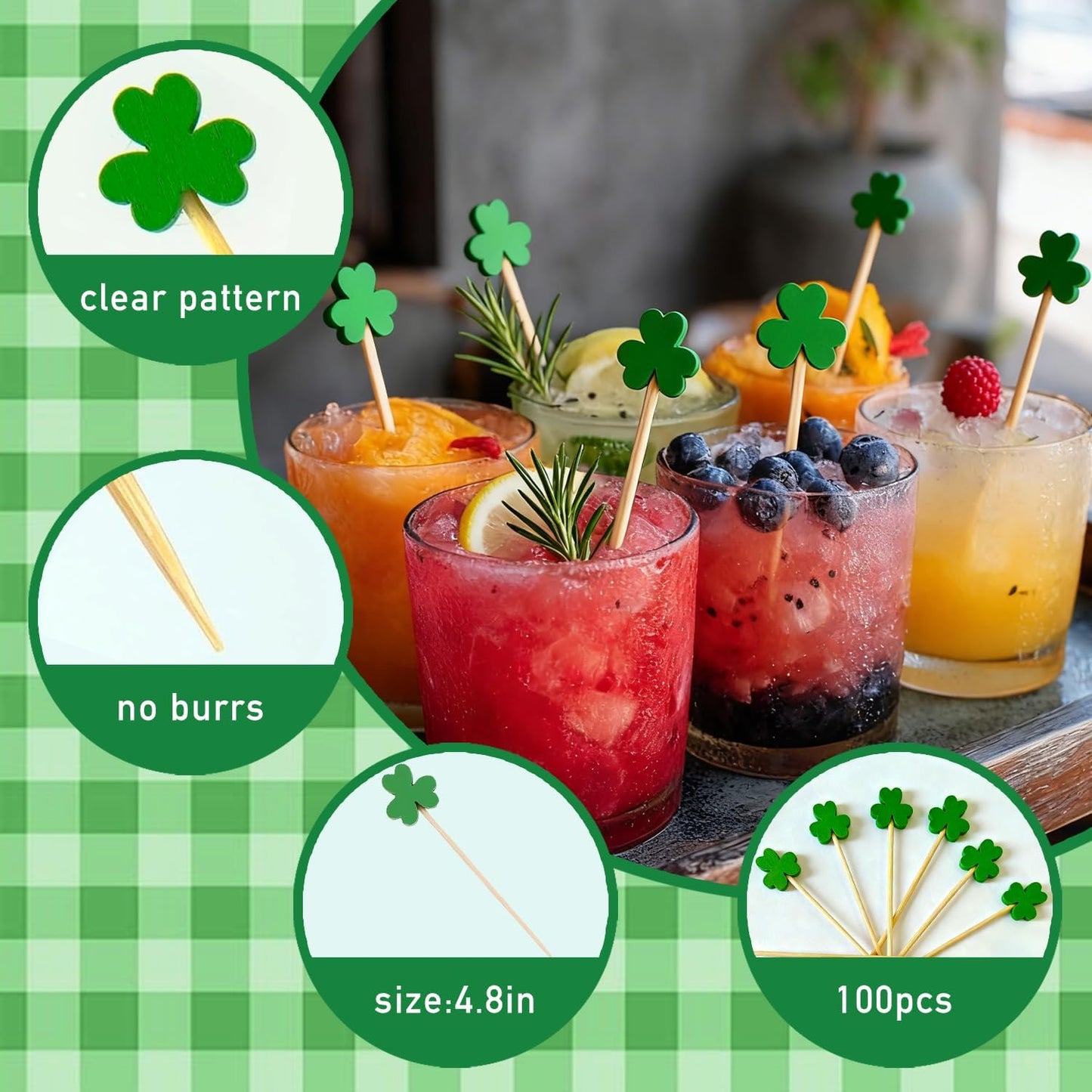 Palillos de cóctel de trébol verde para fiesta de San Patricio