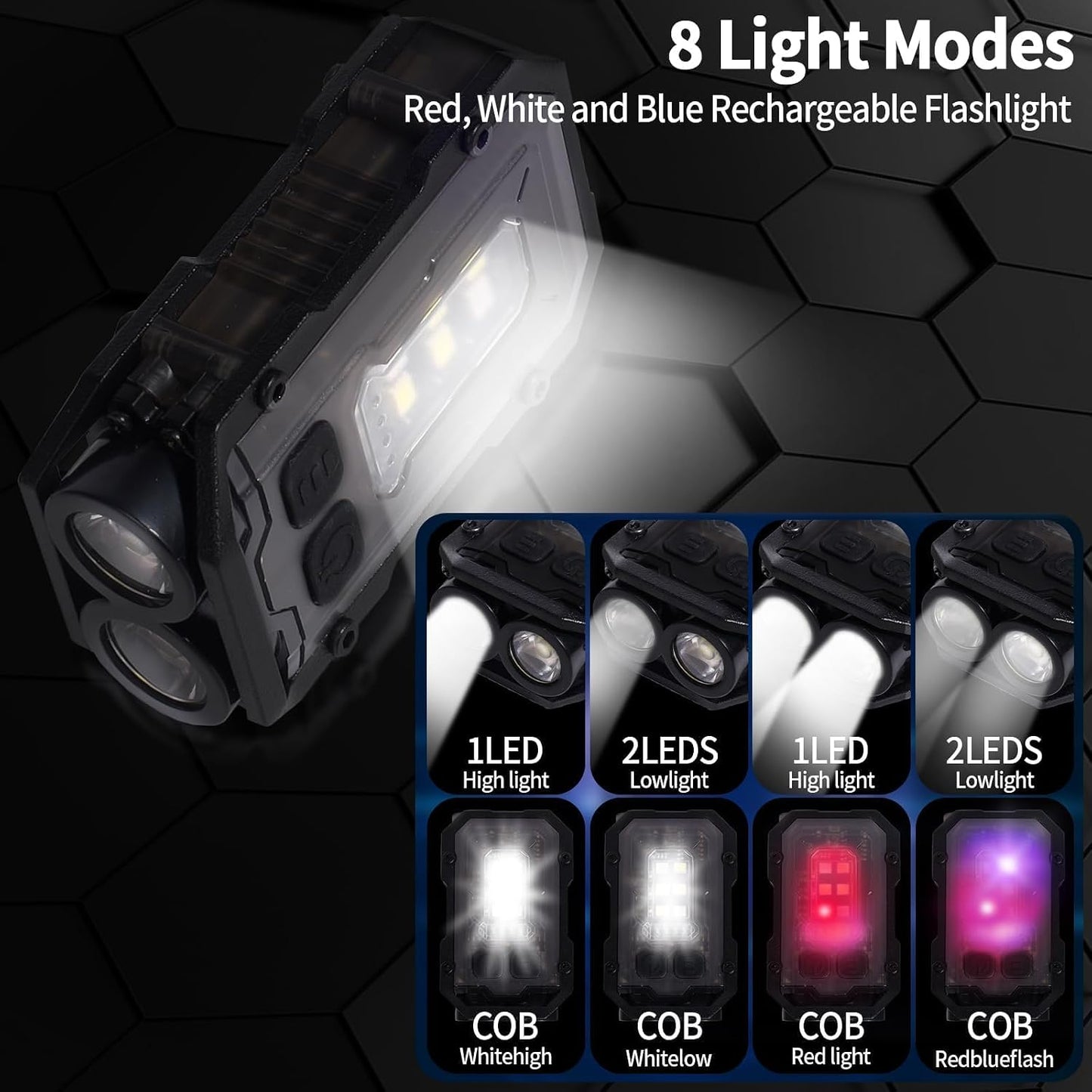 Pack 20 llaveros EDC con linterna USB-C 8 modos luz lateral