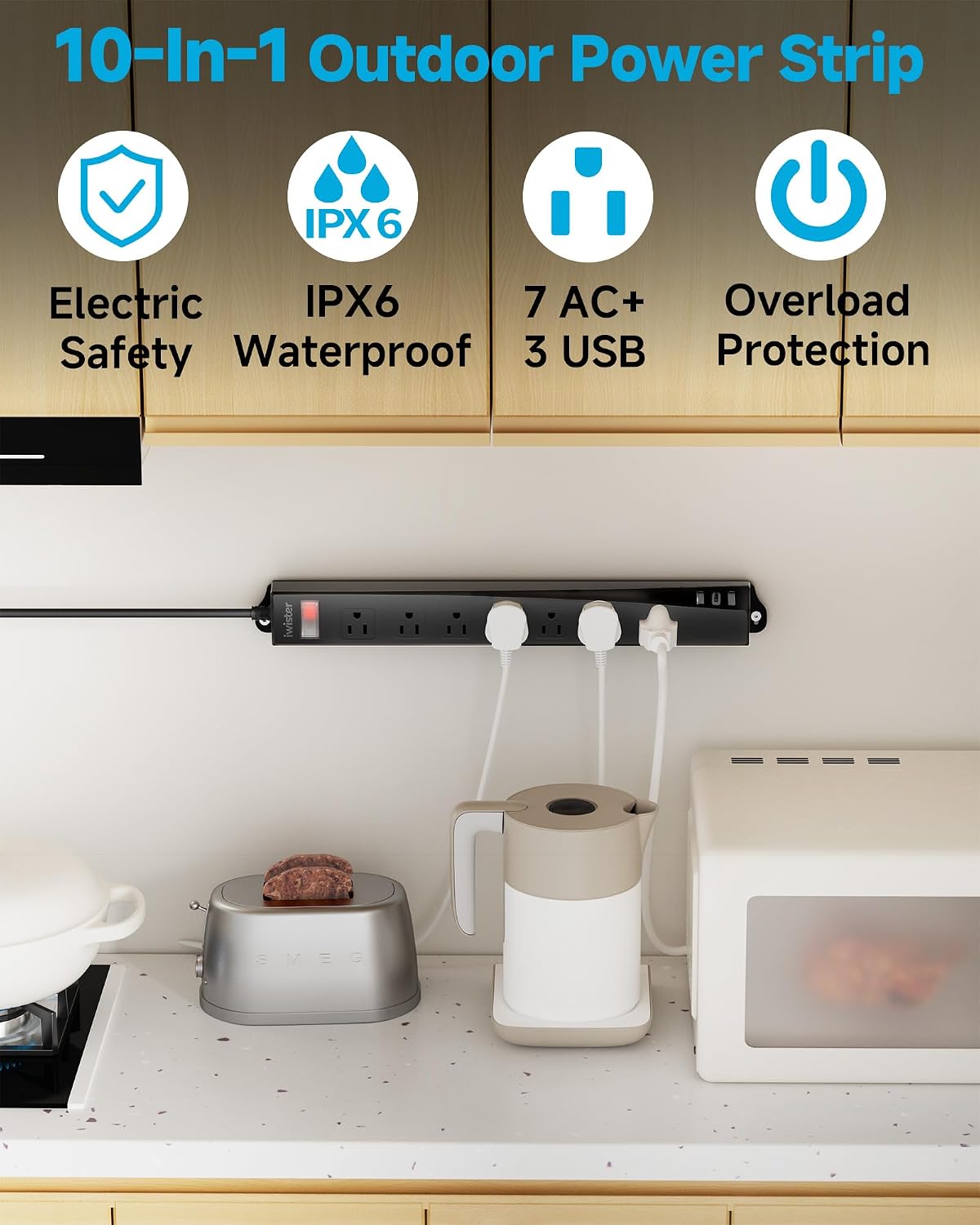 Regleta alimentación exterior 1625W 6pies 7CA 3USB pared