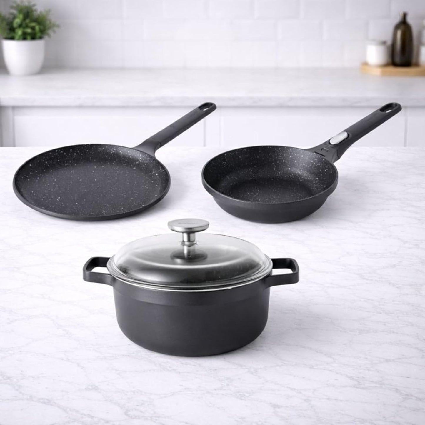 Set 4 Utensilios Cocina Antiadherente Aluminio Fundido Tapa Vidrio