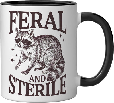 Taza cerámica feral y estéril raccoon humor feminista negro/blanco