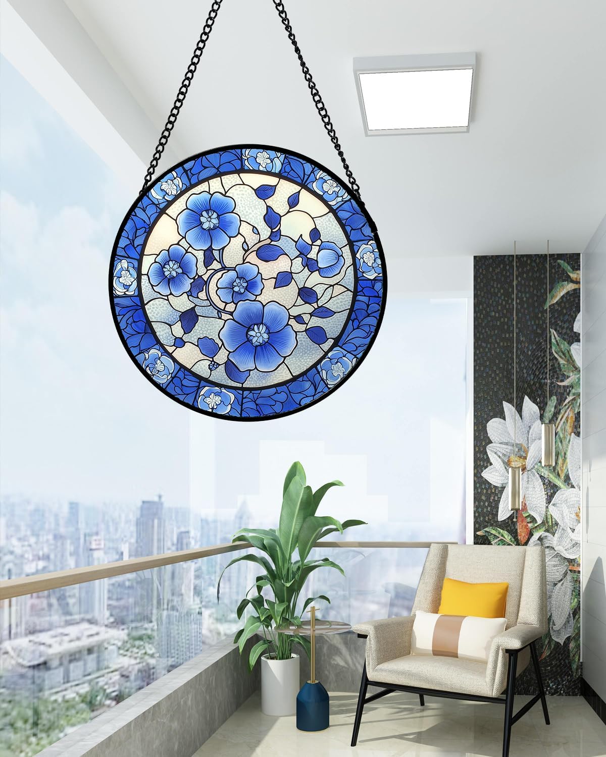 Atrapasoles vidrio decoración hogar ciruela azul blanco