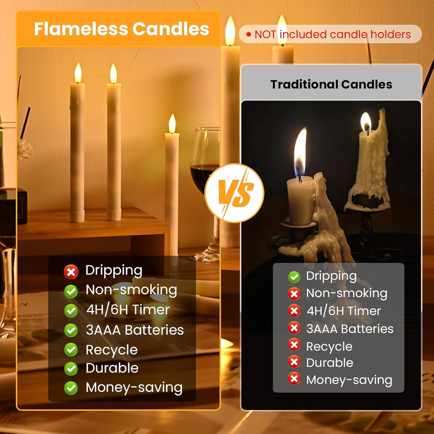 Velas LED sin llama 6 candelabros marfil parpadeo 3D