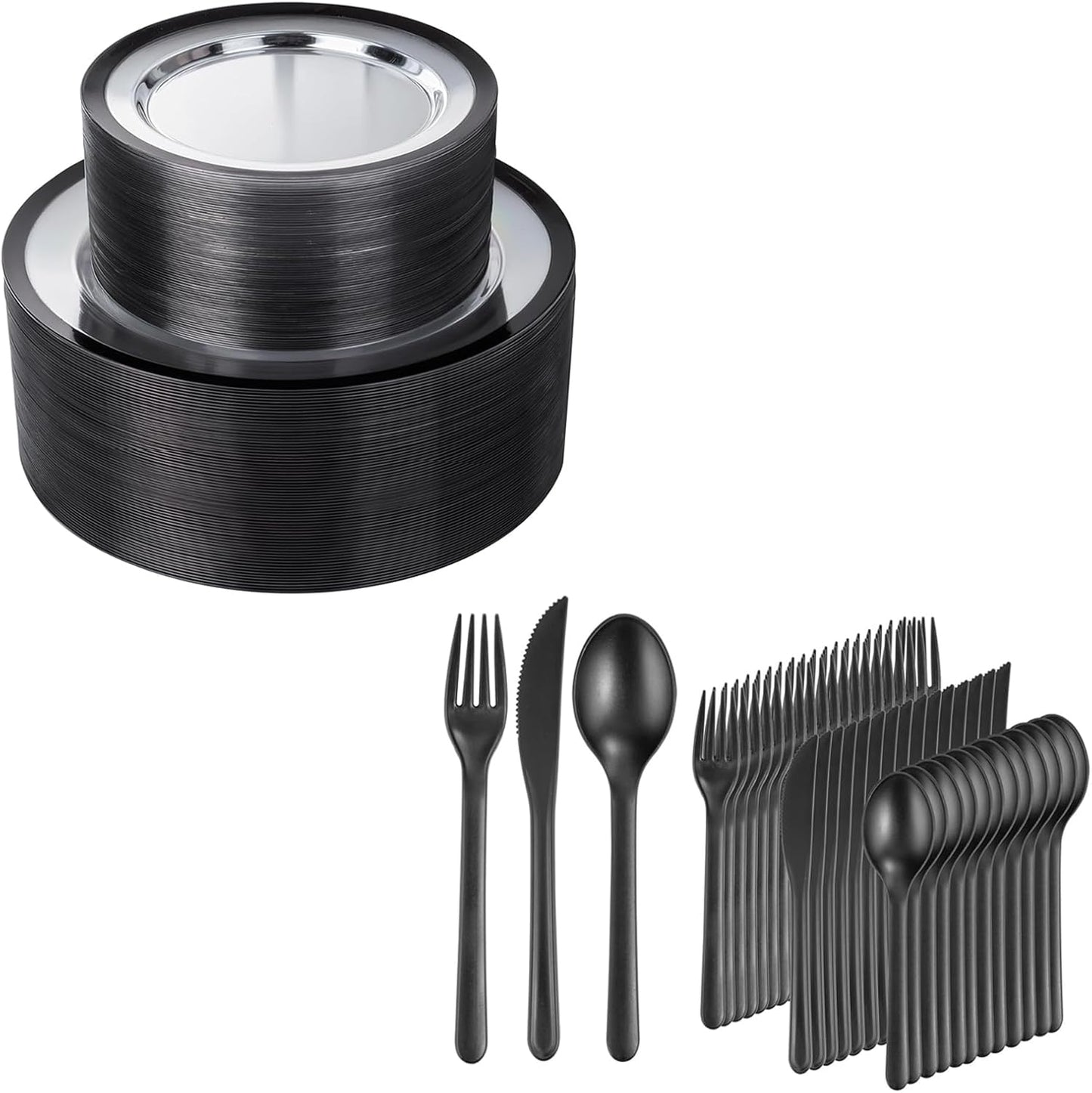 Platos y cubiertos plásticos negros elegantes para bodas y eventos