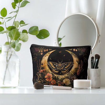 Bolsa maquillaje floral con libélula oscura vintage