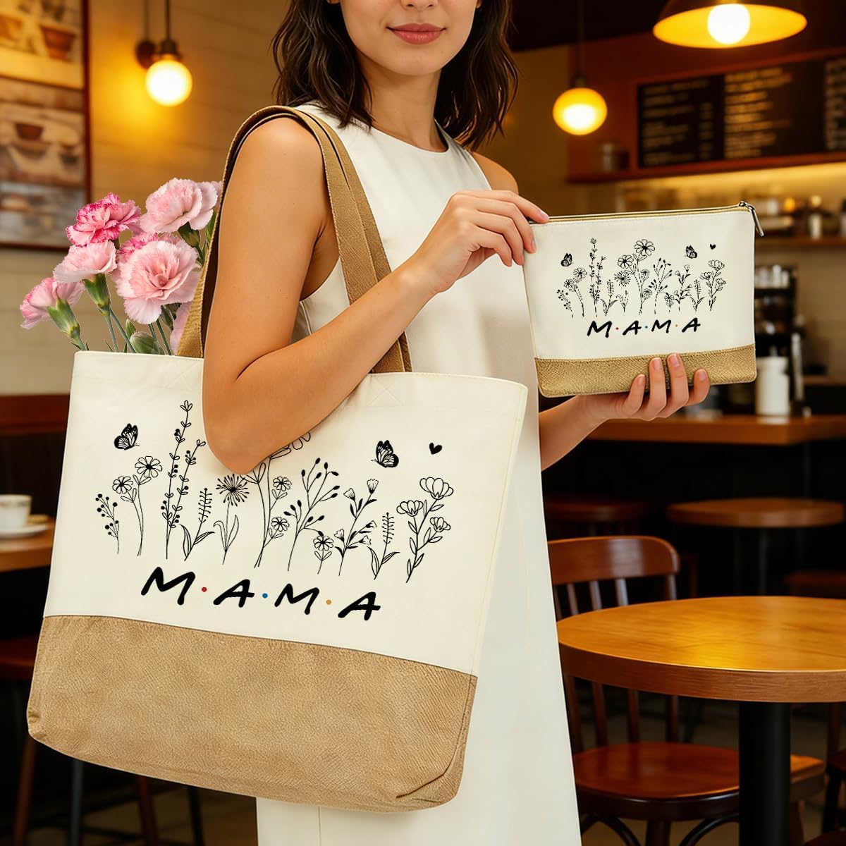 Bolsas reutilizables para regalo de abuela con flores y maquillaje